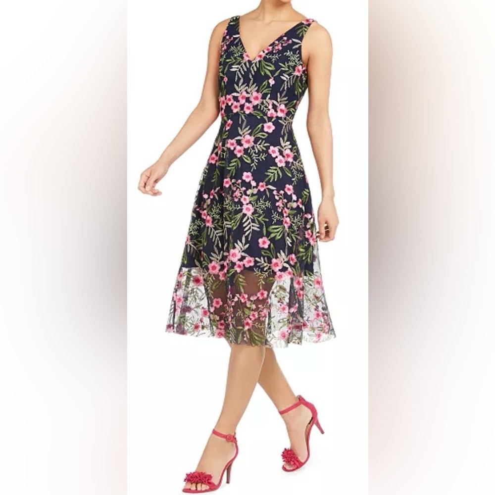 Vince Camuto Floral Embroidered Midi Dress Size 12 Blue Pink Sleeveless NWT
